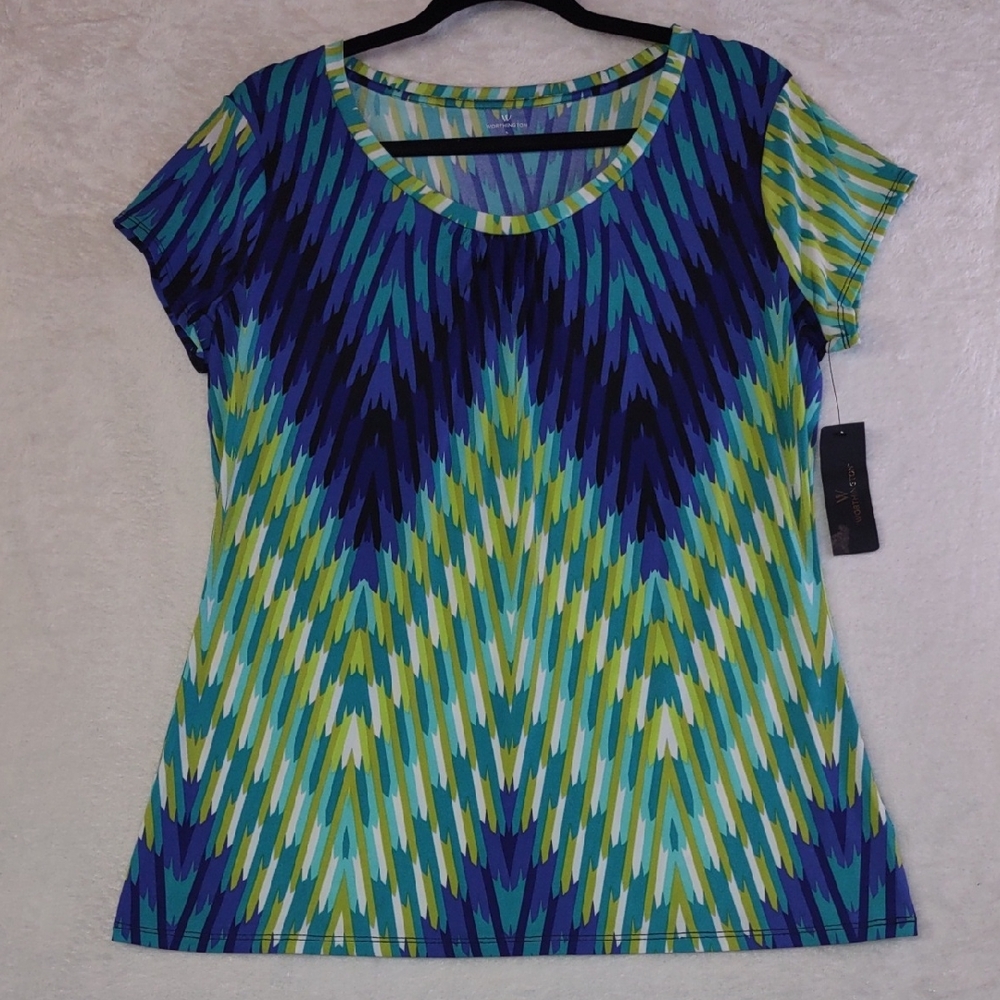 Worthington Blue and Green Patterned Short Sleeve Top